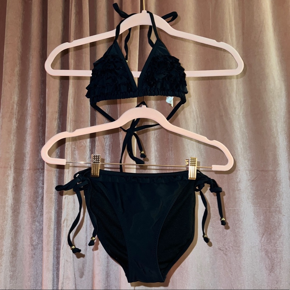 Black Triangle String Bikini with Ruffling and Gold Beads